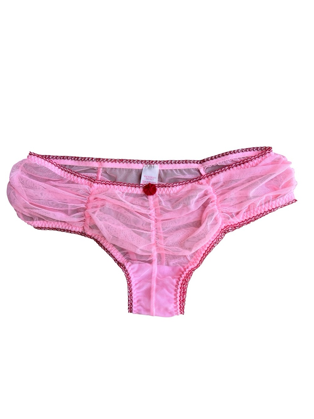 VICTORIA’S SECRET 2013 Pink Tulle Mesh Sheer Frilly Lace Ruched Panties Red Rose